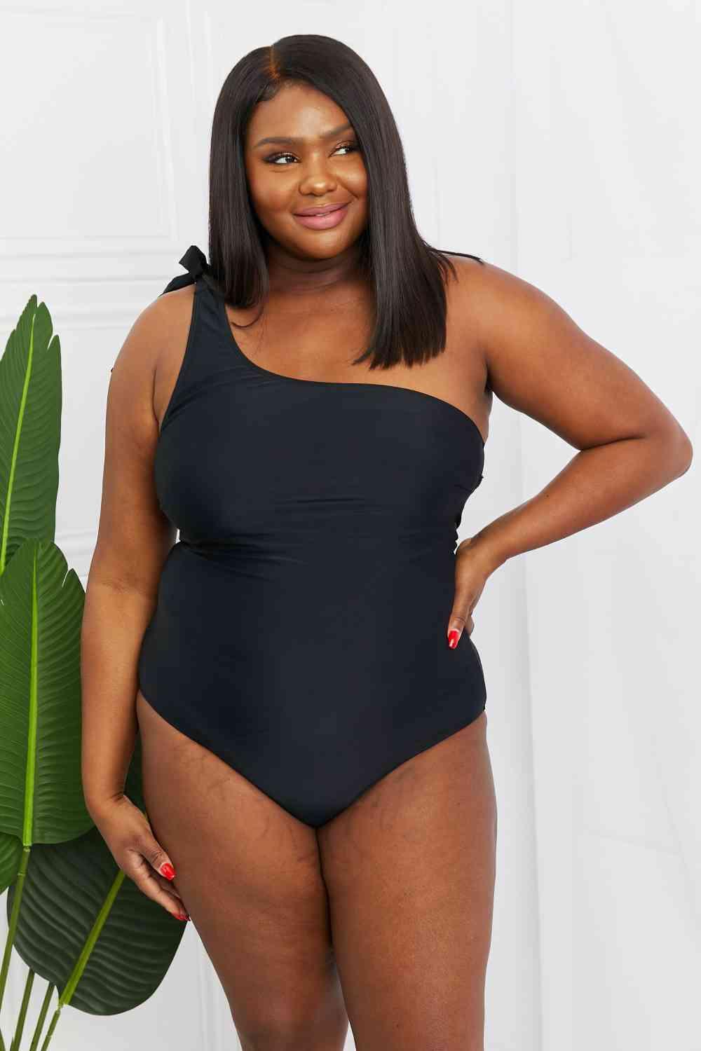 Marina West Swim Deep End One-Shoulder One-Piece Swimsuit in Black - Immenzive