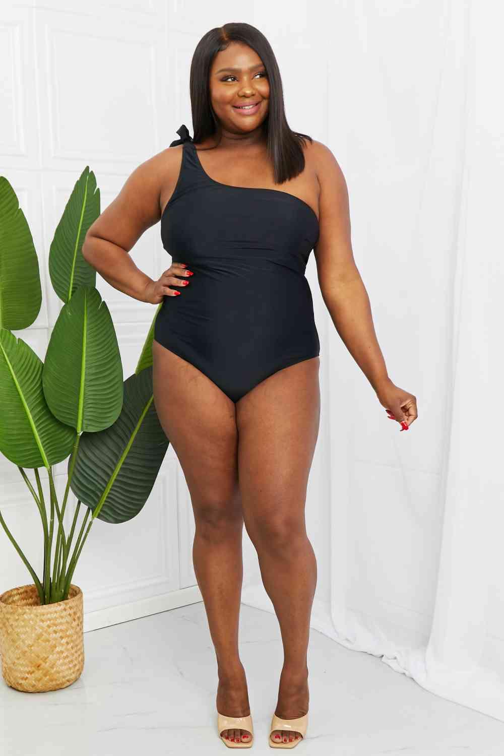 Marina West Swim Deep End One-Shoulder One-Piece Swimsuit in Black - Immenzive