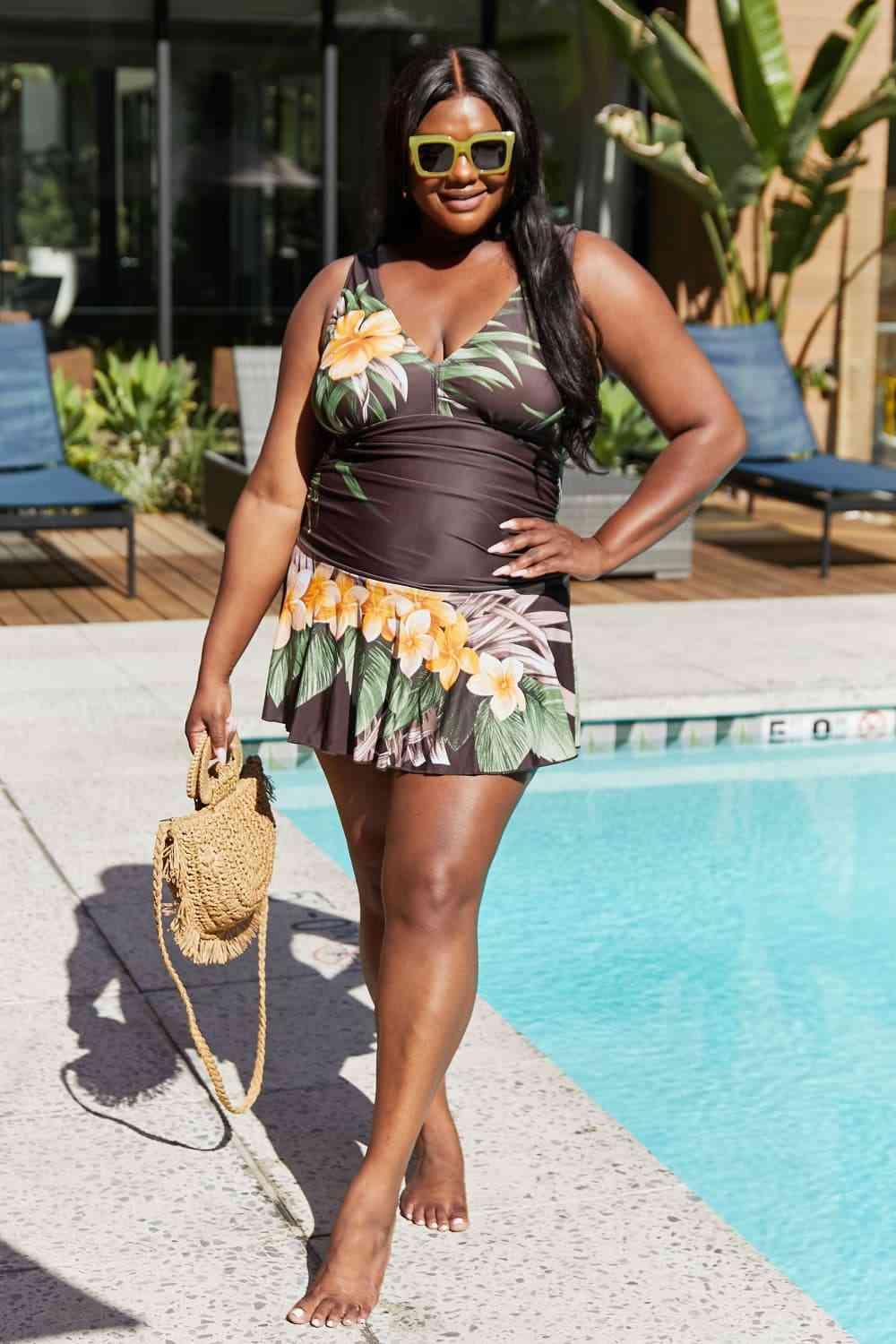 Marina West Swim Full Size Clear Waters Swim Dress in Aloha Brown - Immenzive