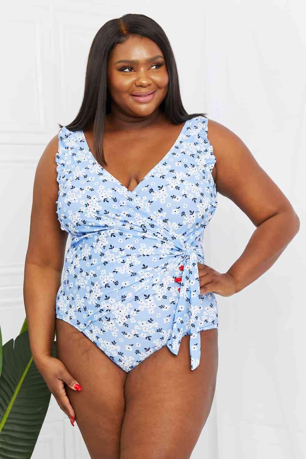 Marina West Swim Full Size Float On Ruffle Faux Wrap One-Piece in Blossom Blue - Immenzive