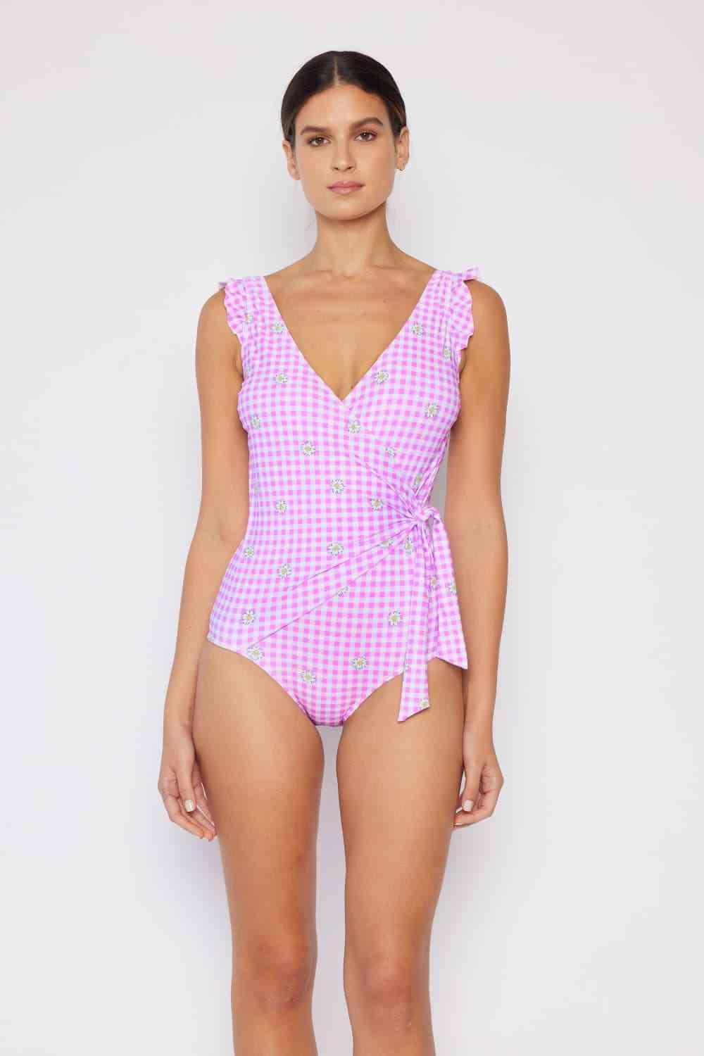 Marina West Swim Full Size Float On Ruffle Faux Wrap One-Piece in Carnation Pink - Immenzive