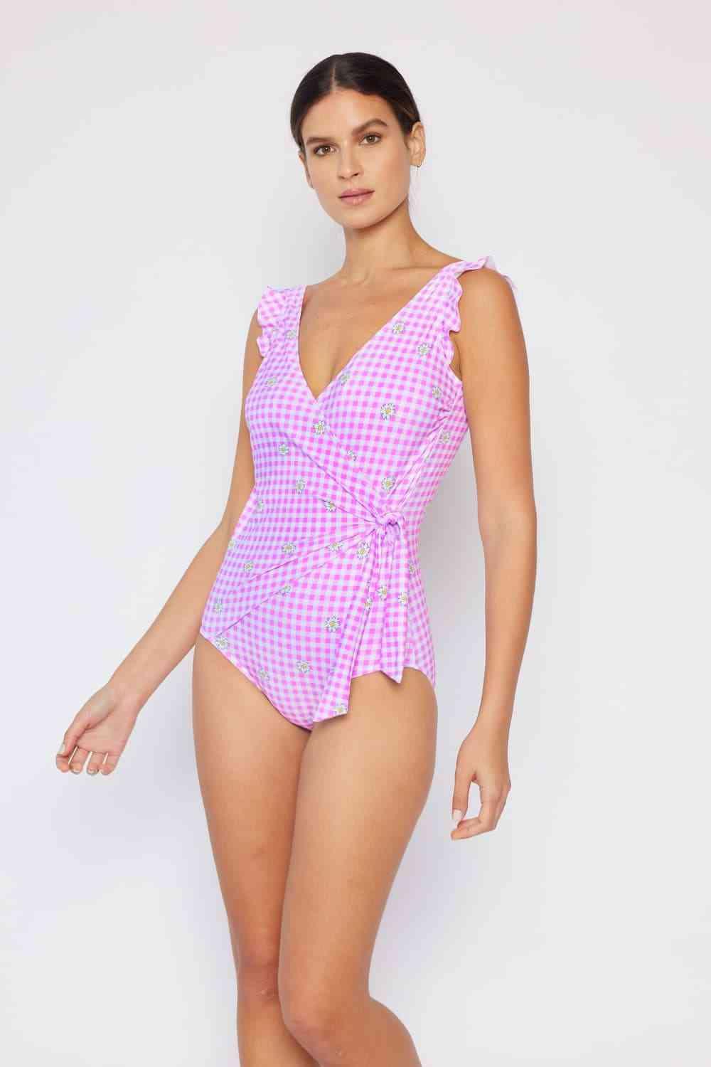 Marina West Swim Full Size Float On Ruffle Faux Wrap One-Piece in Carnation Pink - Immenzive