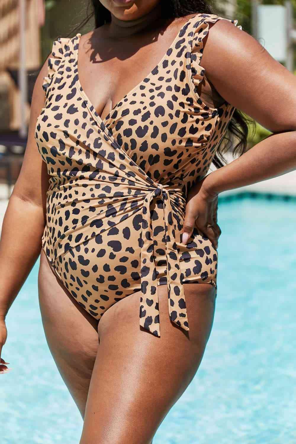 Marina West Swim Full Size Float On Ruffle Faux Wrap One-Piece in Leopard - Immenzive