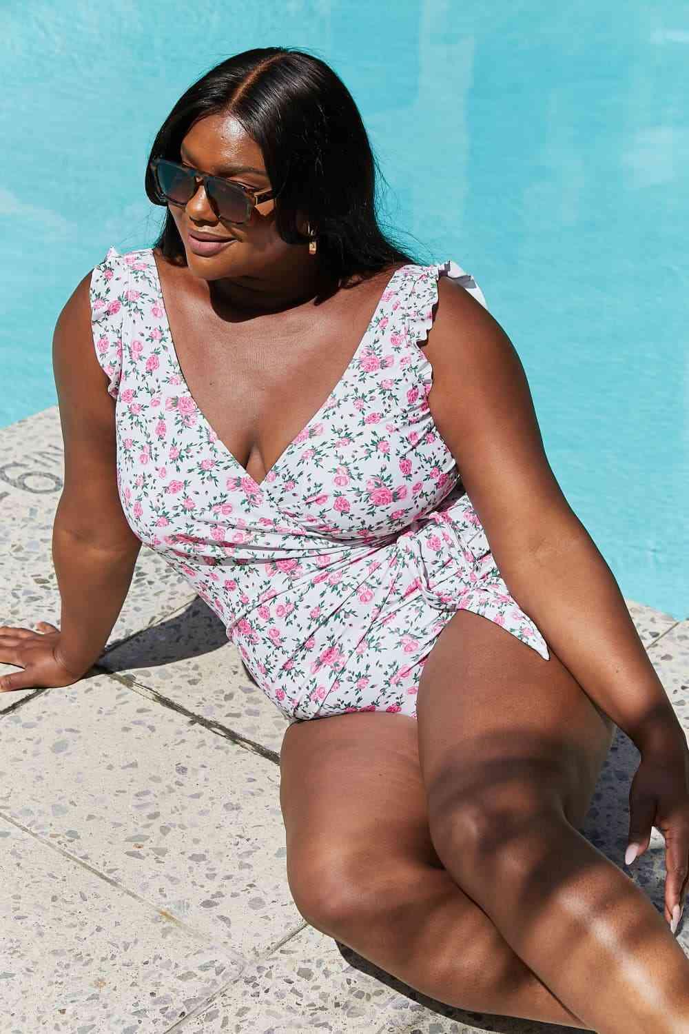 Marina West Swim Full Size Float On Ruffle Faux Wrap One-Piece in Roses Off-White - Immenzive