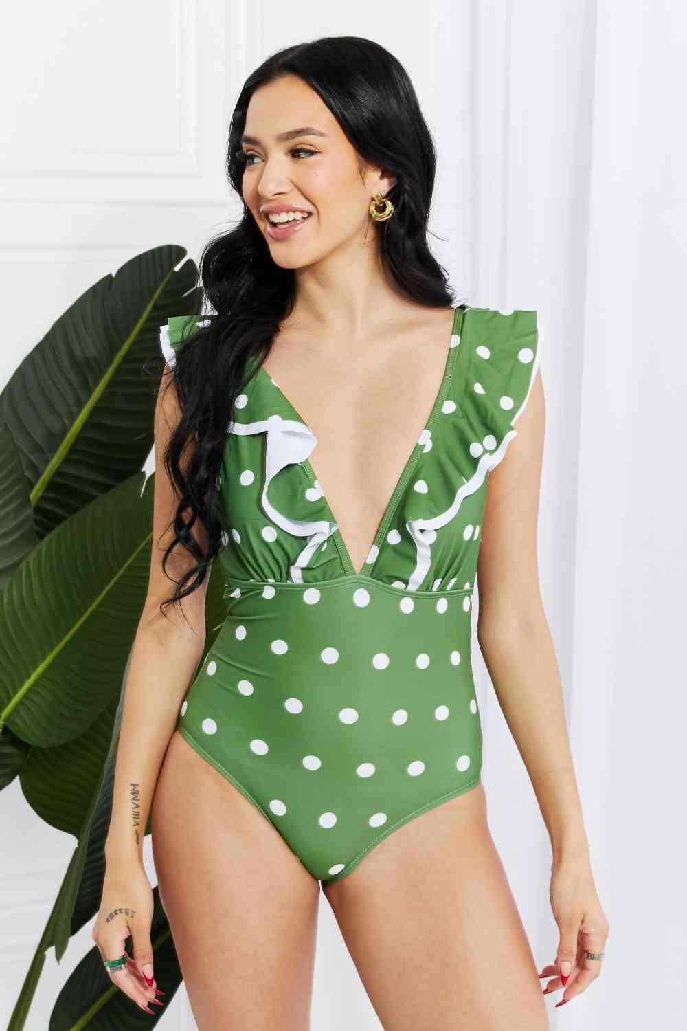 Marina West Swim Moonlit Dip Ruffle Plunge Swimsuit in Mid Green - Immenzive