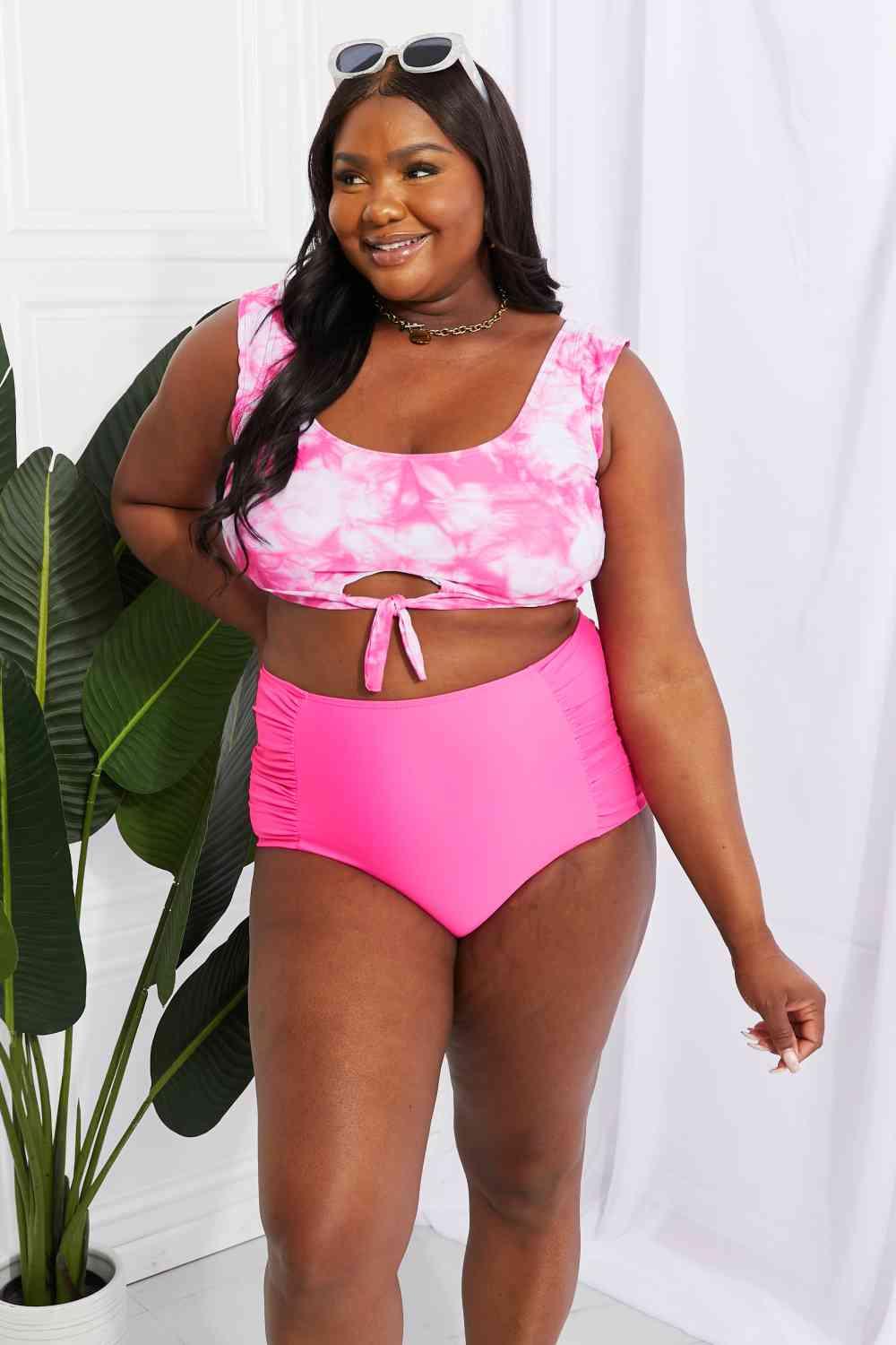 Marina West Swim Sanibel Crop Swim Top and Ruched Bottoms Set in Pink - Immenzive