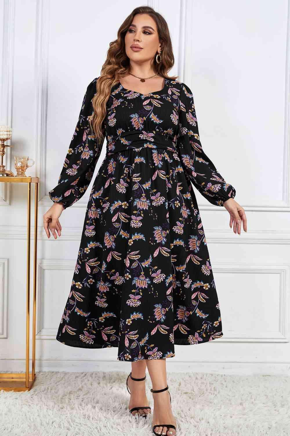 Melo Apparel Plus Size Floral Print Long Sleeve Midi Dress - Immenzive