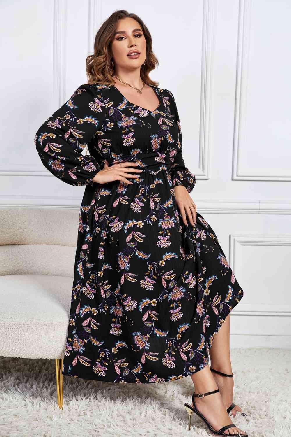 Melo Apparel Plus Size Floral Print Long Sleeve Midi Dress - Immenzive