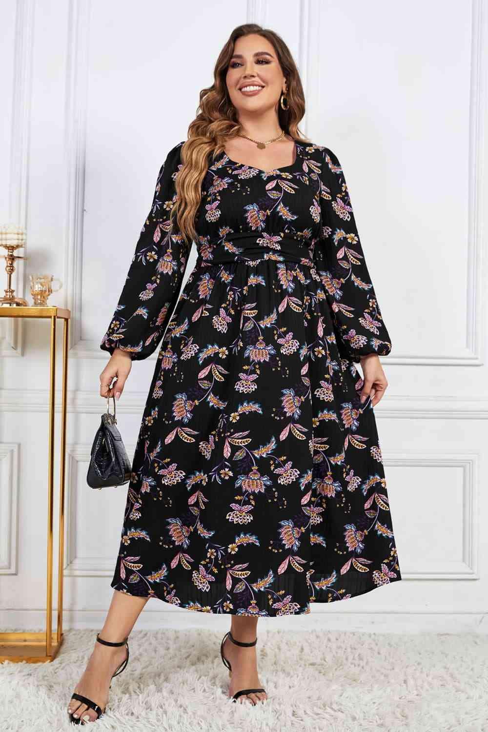 Melo Apparel Plus Size Floral Print Long Sleeve Midi Dress - Immenzive