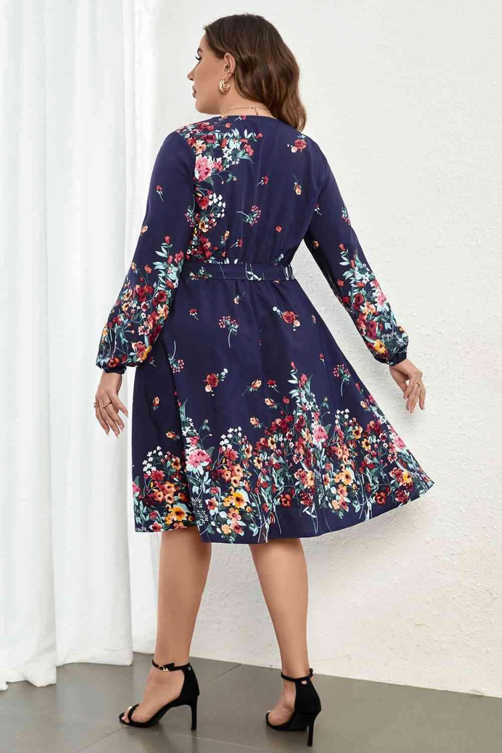 Melo Apparel Plus Size Floral Tie Waist Long Sleeve Dress - Immenzive