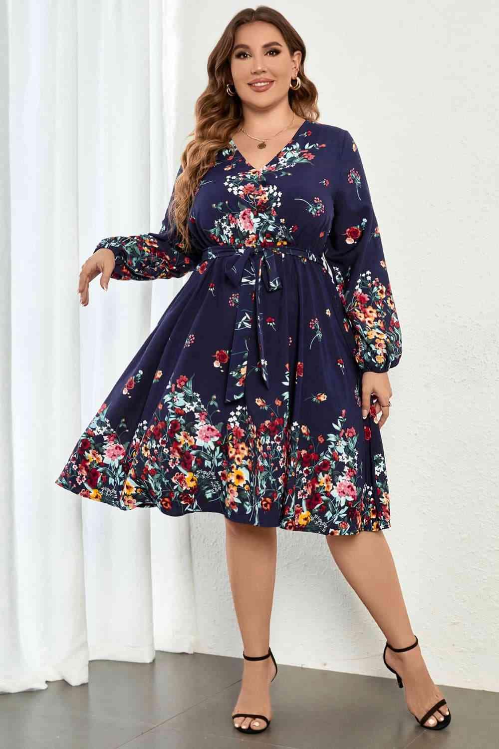 Melo Apparel Plus Size Floral Tie Waist Long Sleeve Dress - Immenzive