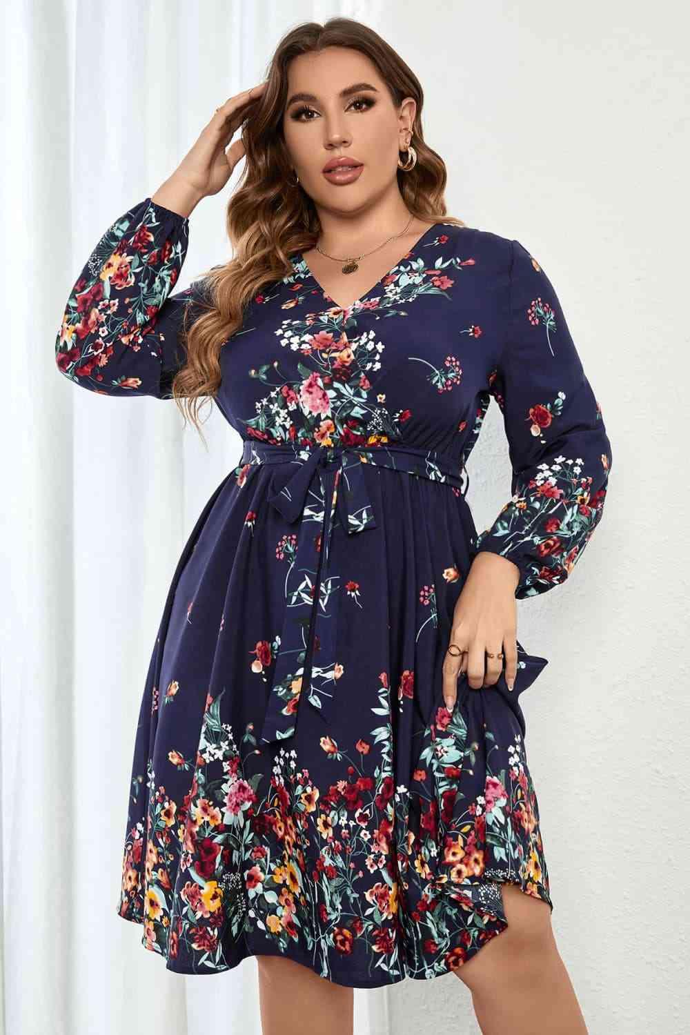 Melo Apparel Plus Size Floral Tie Waist Long Sleeve Dress - Immenzive