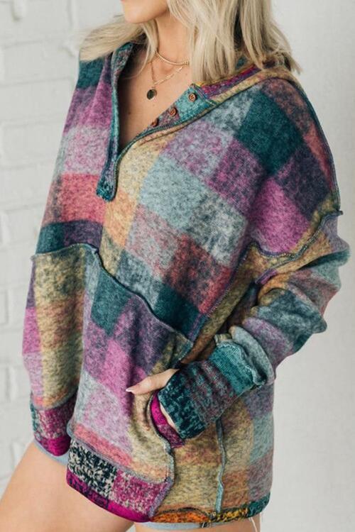 Multicolor Brushed Plaid Buttoned Pullover Oversized Hoodie - Immenzive