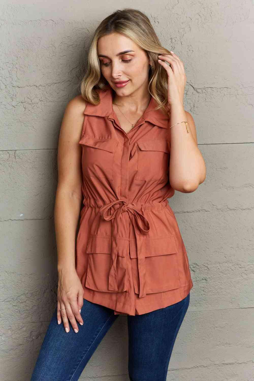 Ninexis Follow The Light Sleeveless Collared Button Down Top - Immenzive