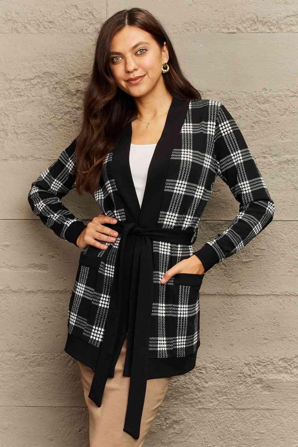 Ninexis Full Size Plaid Tie Waist Pocketed Cardigan - Immenzive