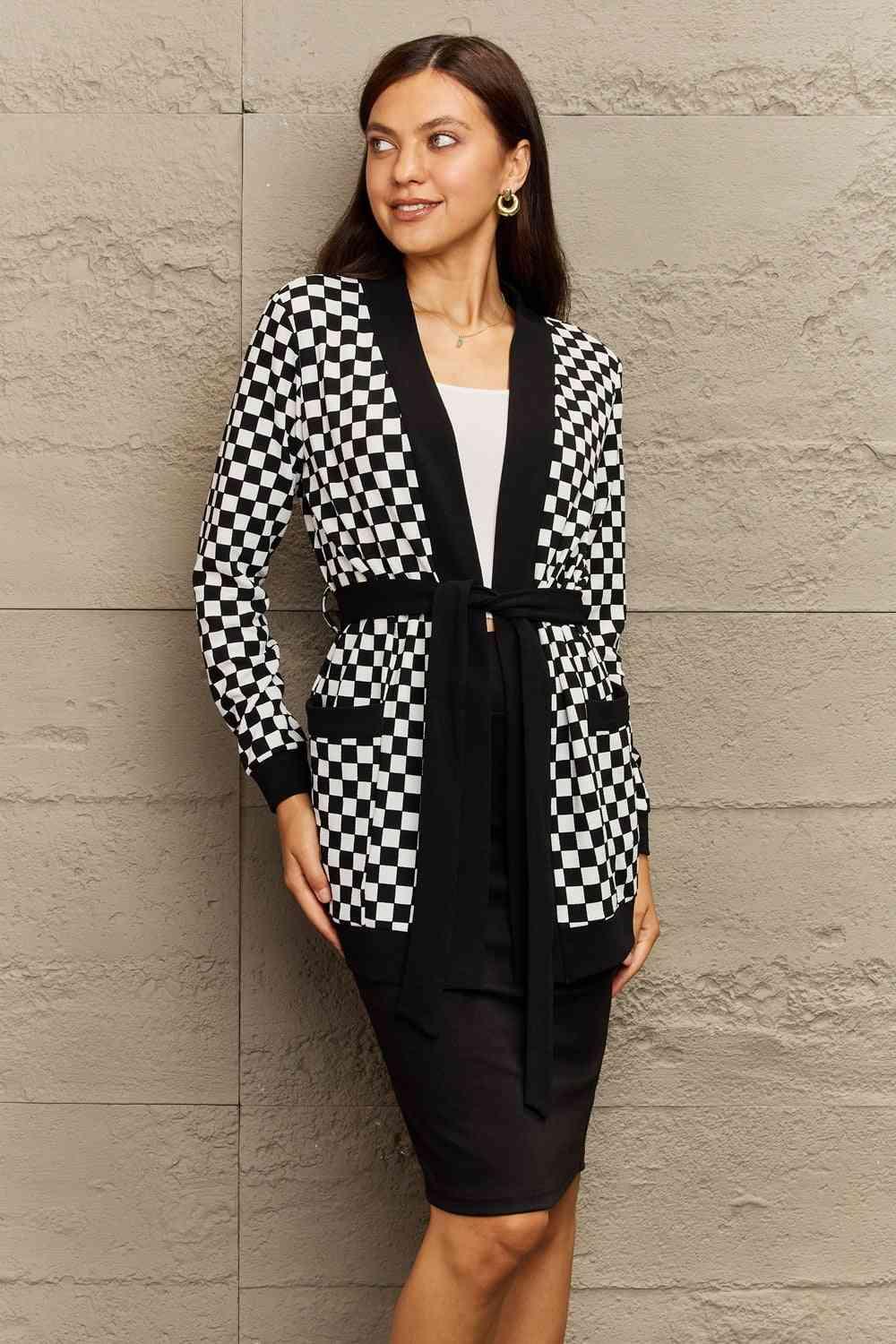 Ninexis Full Size Plaid Tie Waist Pocketed Cardigan - Immenzive