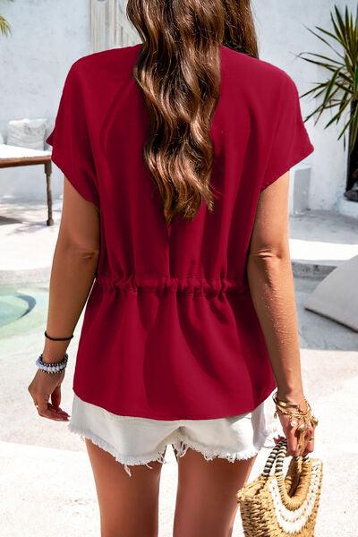 Notched Buttoned Tie Waist Blouse - Immenzive