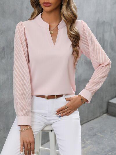 Notched Long Sleeve Blouse - Immenzive
