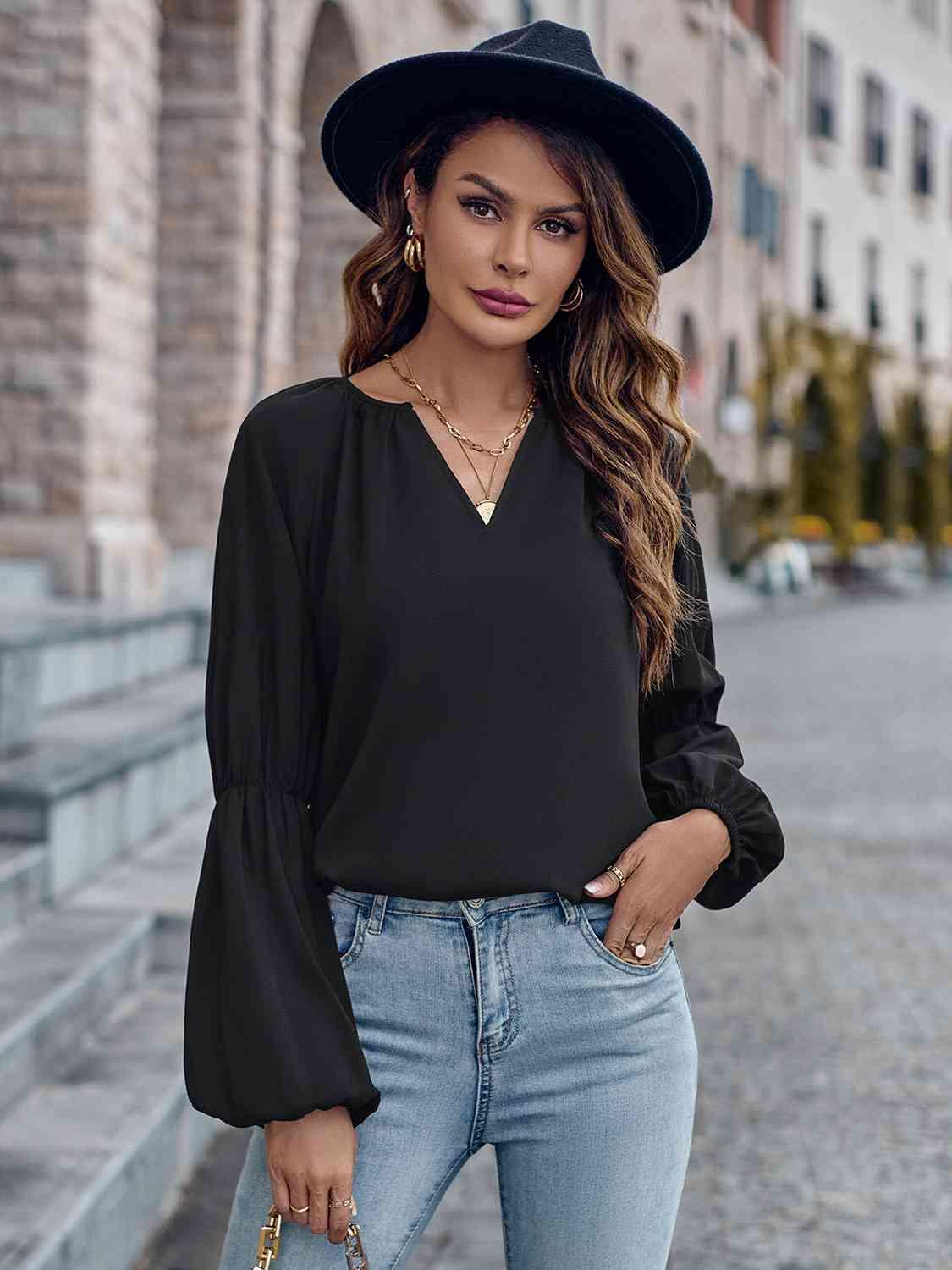 Notched Neck Long Sleeve Top - Immenzive