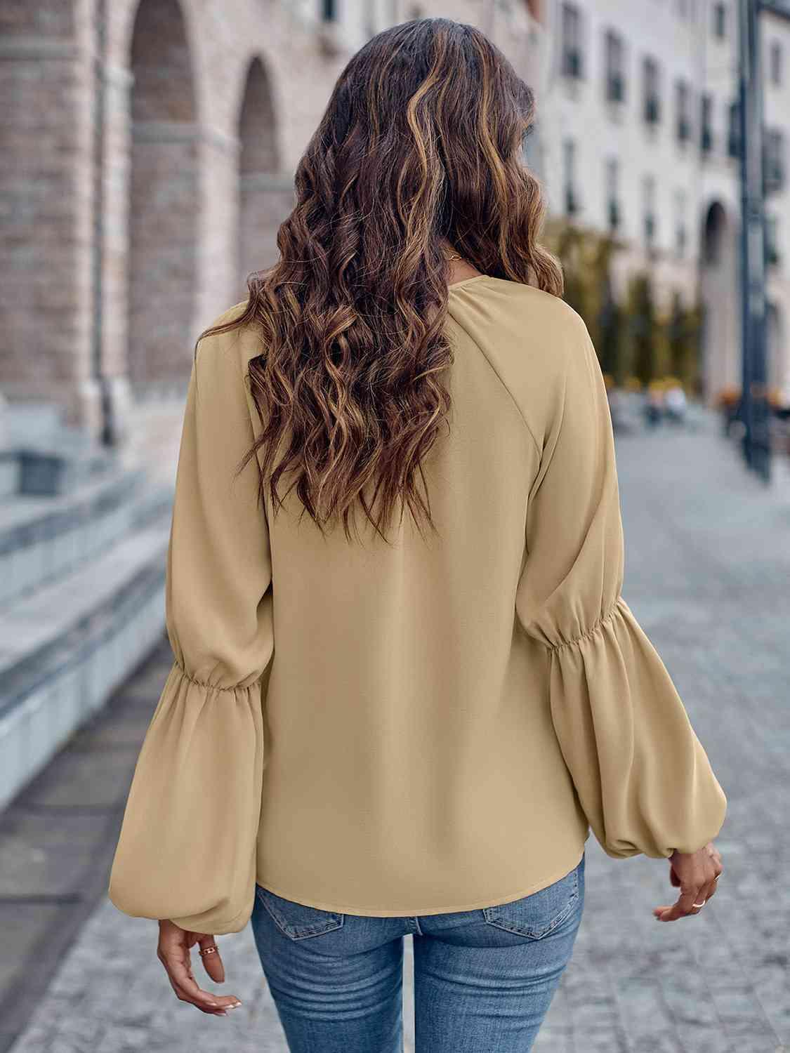 Notched Neck Long Sleeve Top - Immenzive