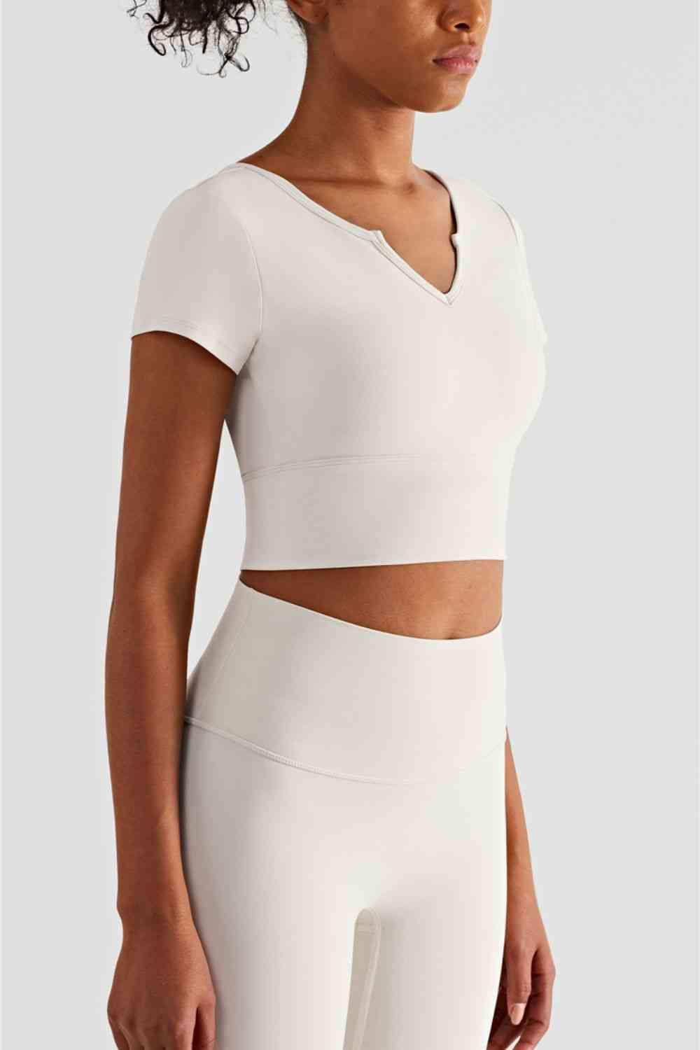 Notched Neck Short Sleeve Cropped Sports Top - Immenzive