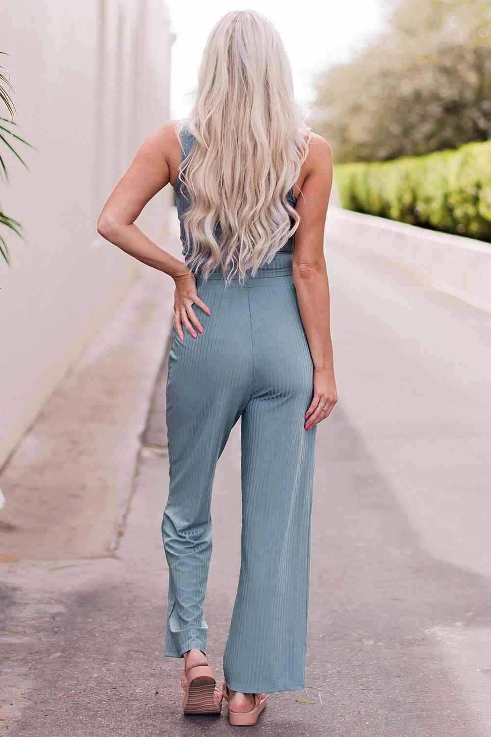 Notched Neck Tank Top and Tie Waist Wide Leg Long Pants Lounge Set - Immenzive