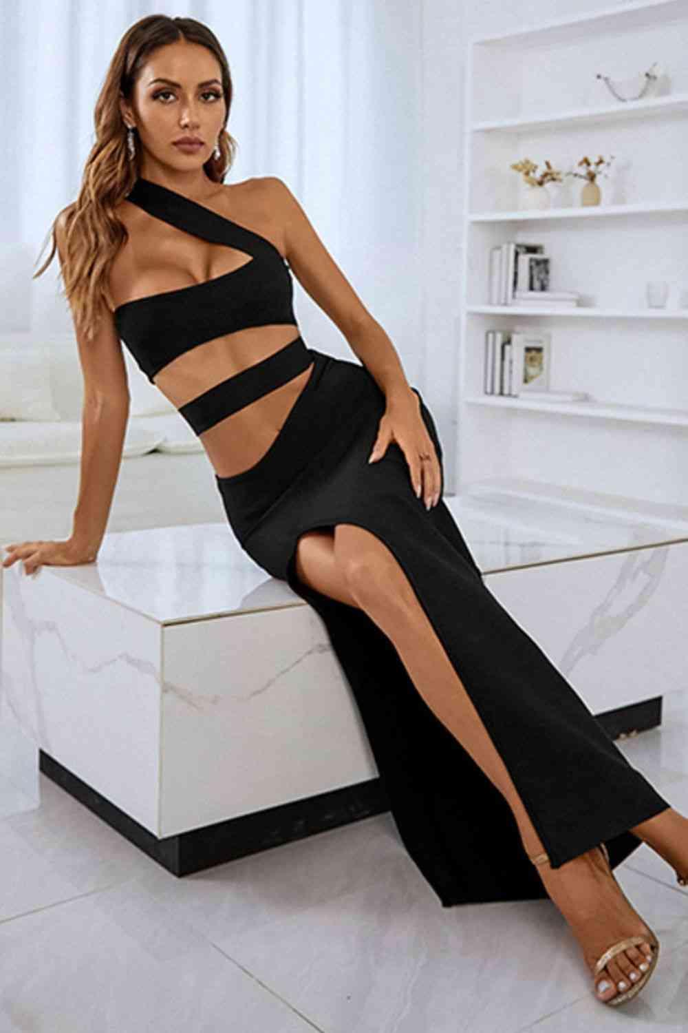 One-Shoulder Cutout Front Split Maxi Dress - Immenzive