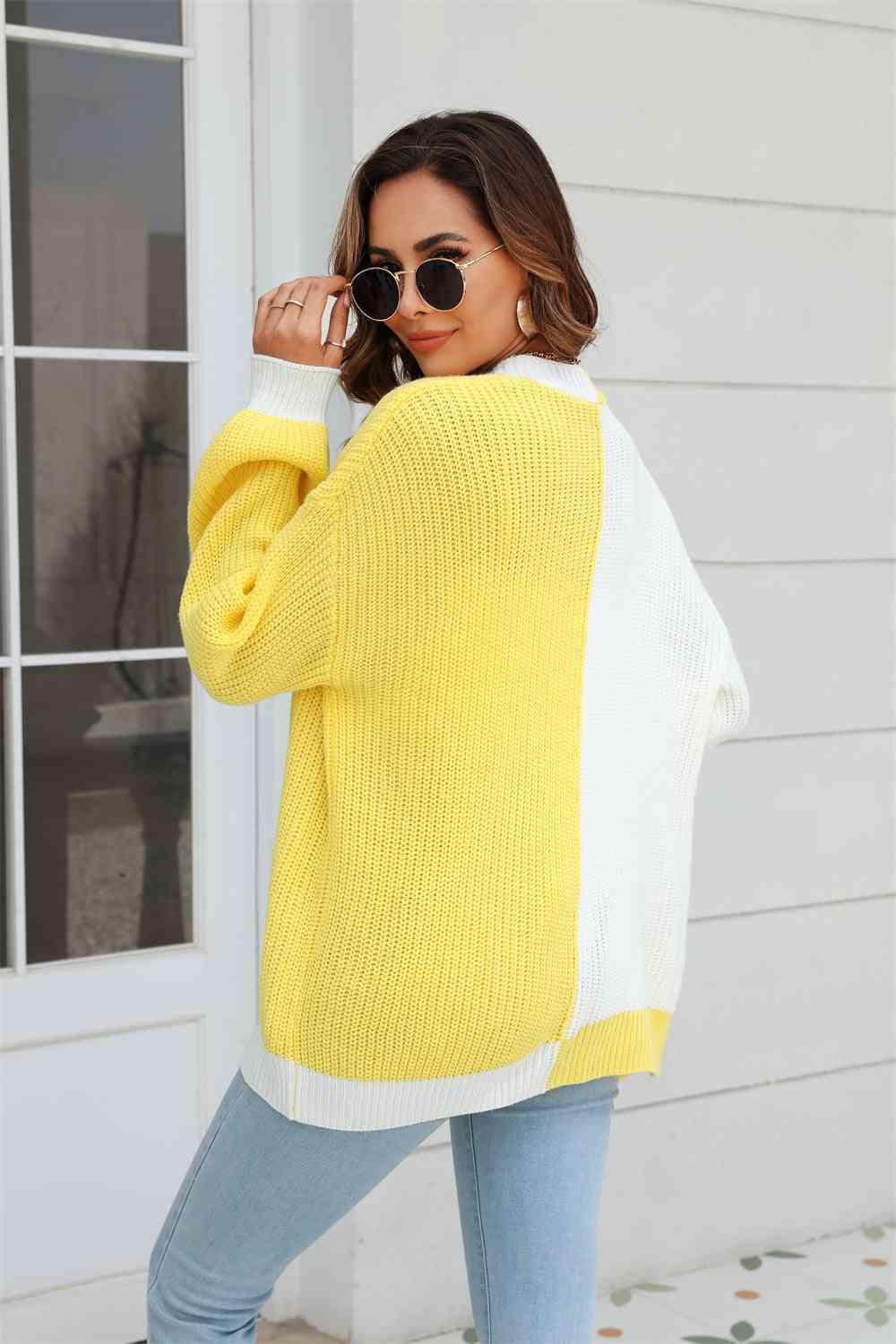 Open Front Contrast Color Balloon Sleeve Cardigan - Immenzive