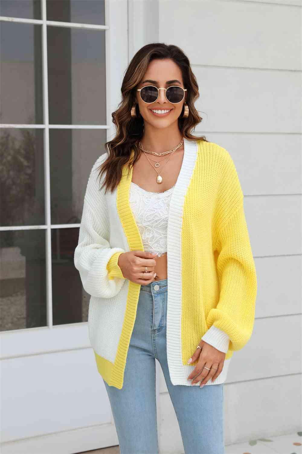Open Front Contrast Color Balloon Sleeve Cardigan - Immenzive