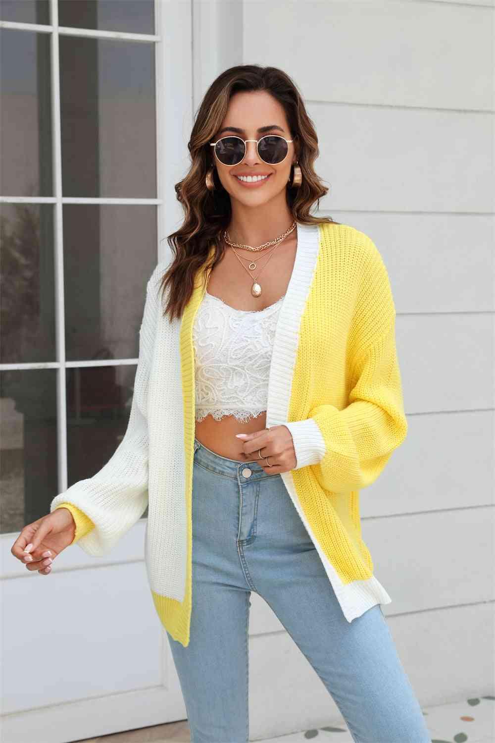 Open Front Contrast Color Balloon Sleeve Cardigan - Immenzive
