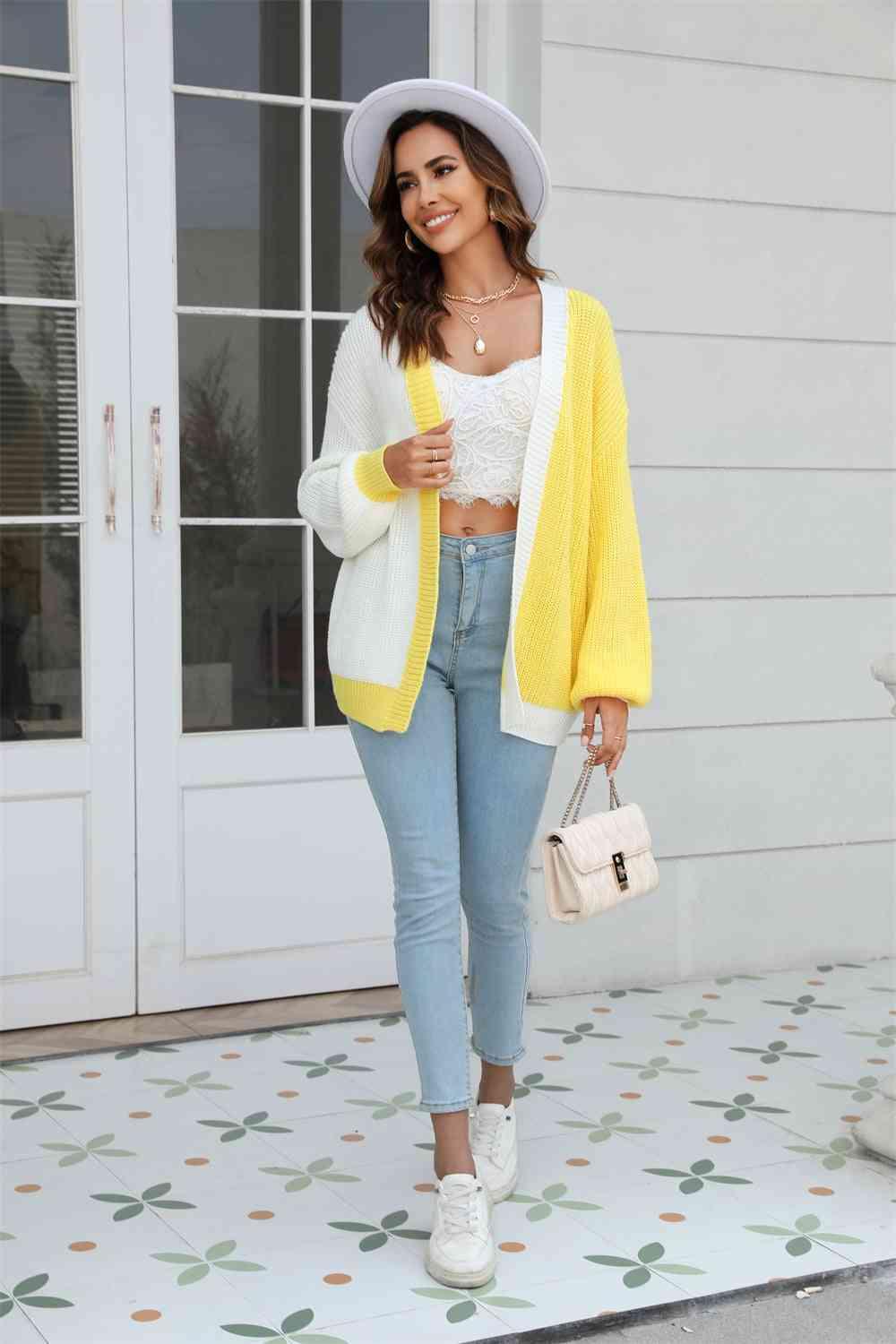 Open Front Contrast Color Balloon Sleeve Cardigan - Immenzive