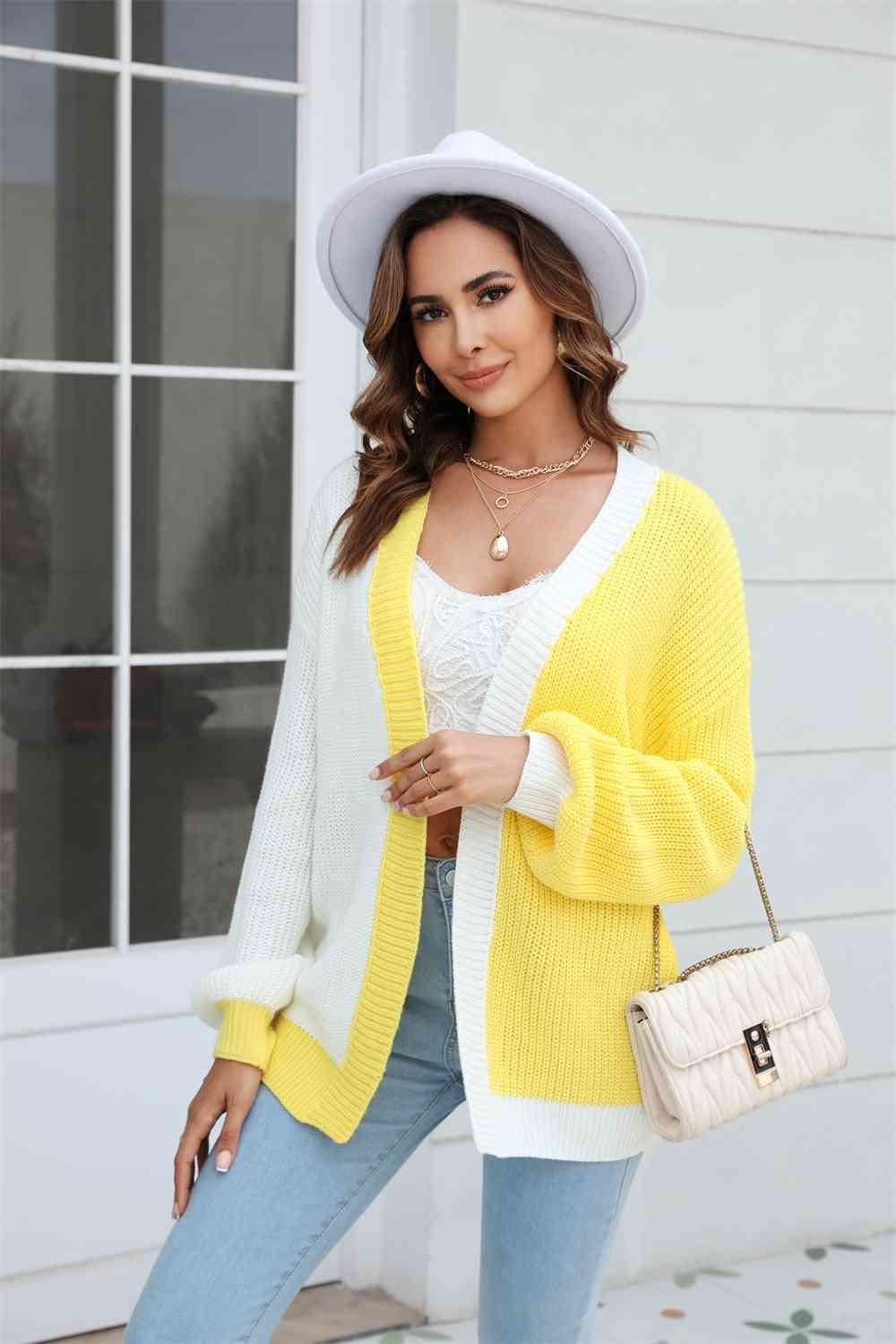Open Front Contrast Color Balloon Sleeve Cardigan - Immenzive