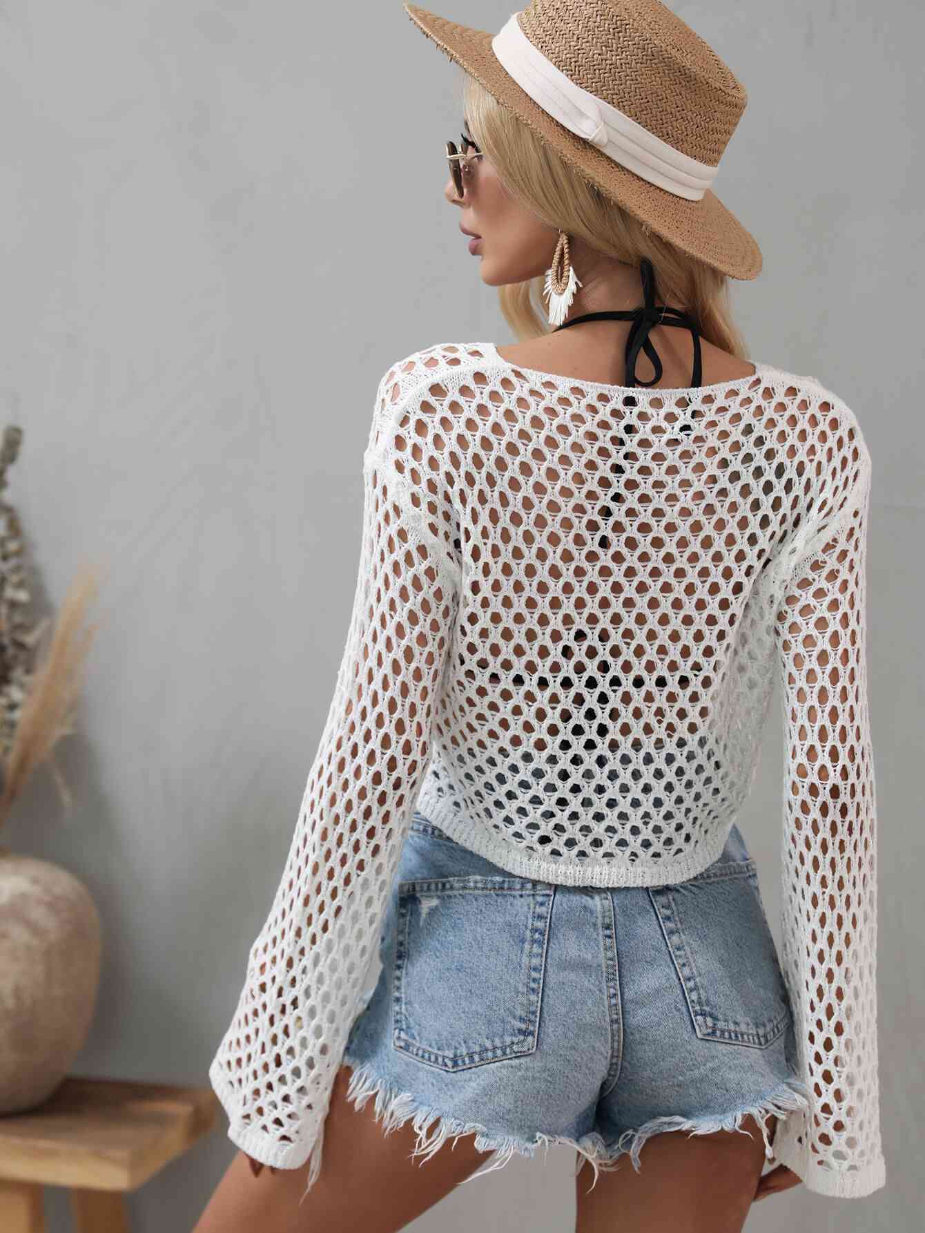 Openwork Flare Sleeve Cropped Cover Up - Immenzive