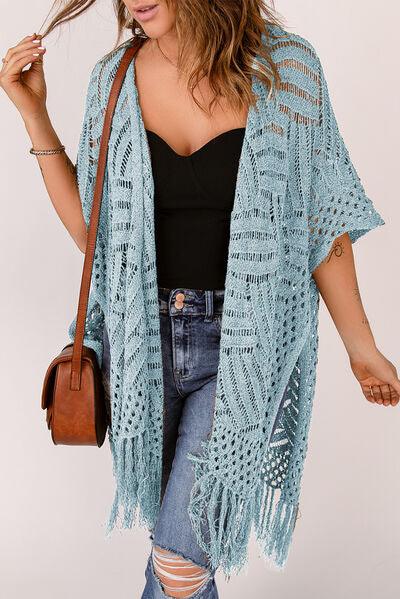 Openwork Open Front Cardigan with Fringes - Immenzive