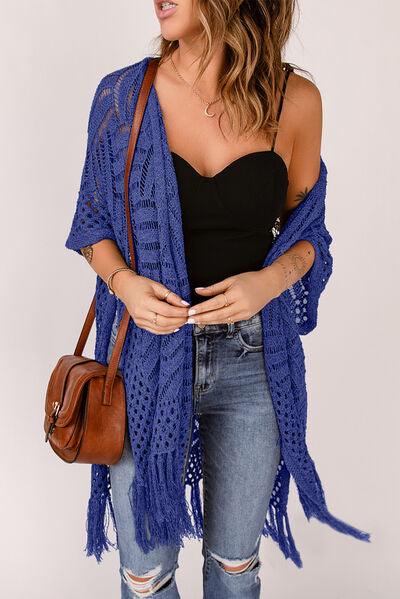 Openwork Open Front Cardigan with Fringes - Immenzive