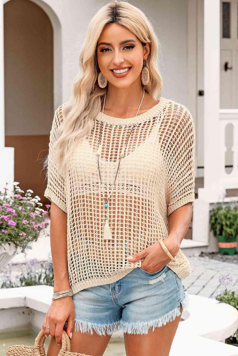 Openwork Round Neck Half Sleeve Knit Top - Immenzive