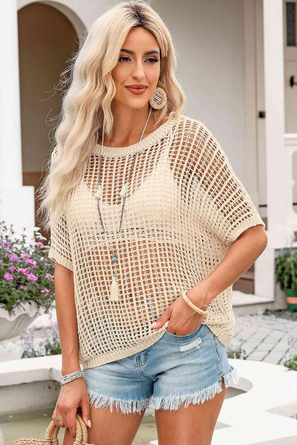 Openwork Round Neck Half Sleeve Knit Top - Immenzive