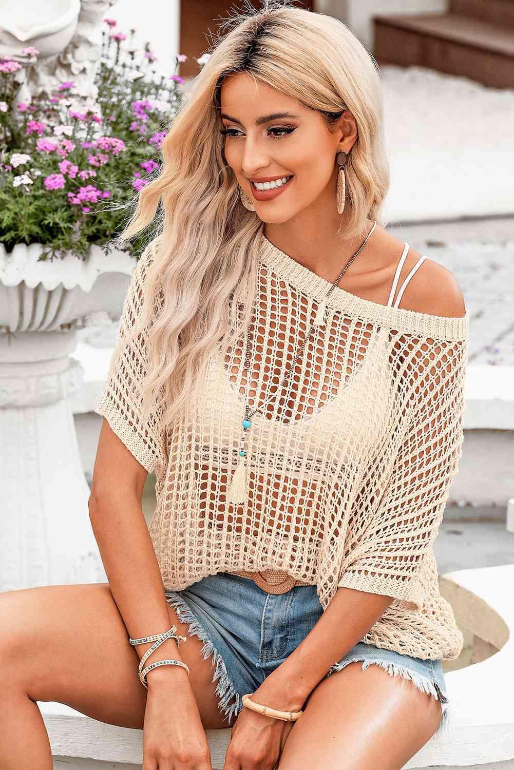 Openwork Round Neck Half Sleeve Knit Top - Immenzive