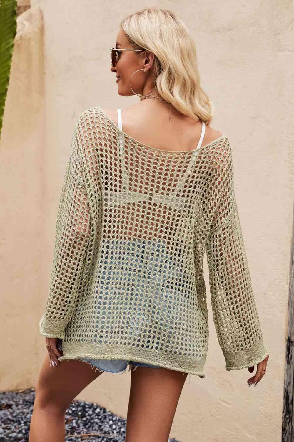 Openwork Round Neck Long Sleeve Cover Up - Immenzive