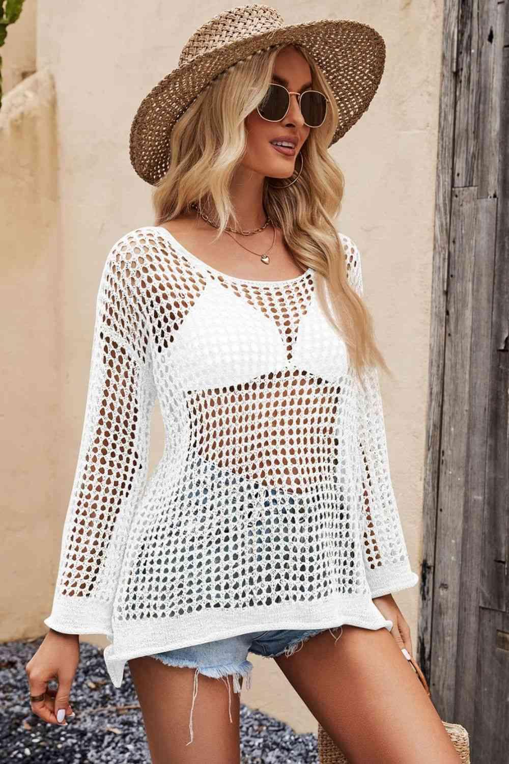 Openwork Round Neck Long Sleeve Cover Up - Immenzive