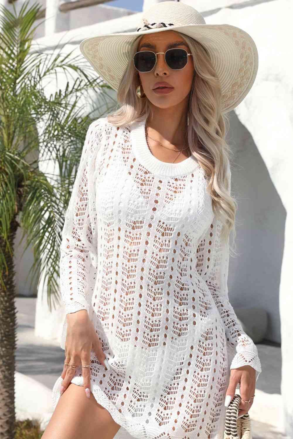 Openwork Scalloped Trim Long Sleeve Cover-Up Dress - Immenzive