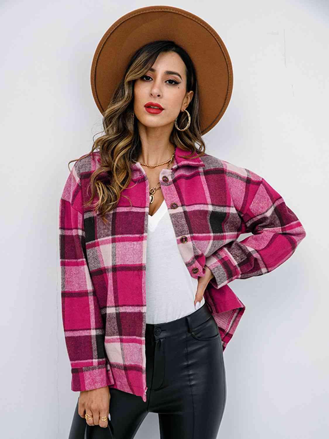 Plaid Button Up Collared Neck Jacket - Immenzive