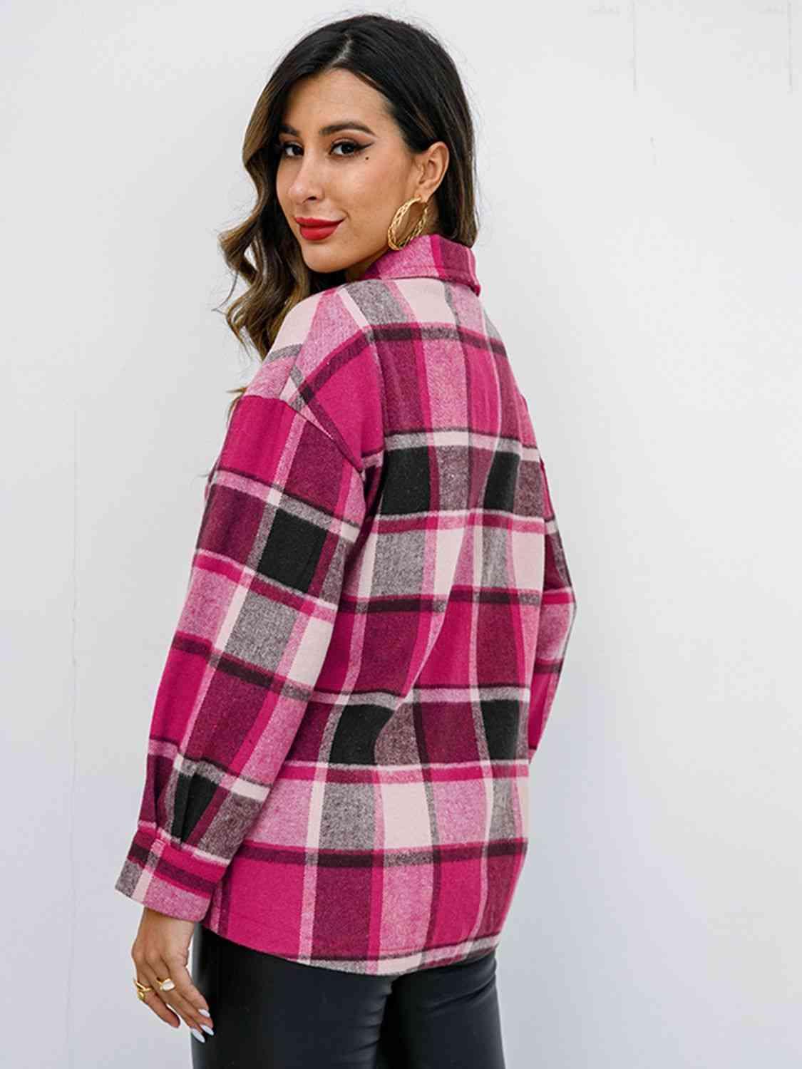 Plaid Button Up Collared Neck Jacket - Immenzive