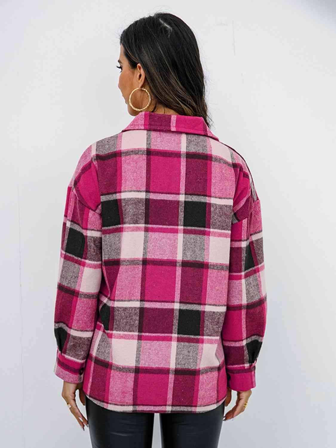 Plaid Button Up Collared Neck Jacket - Immenzive
