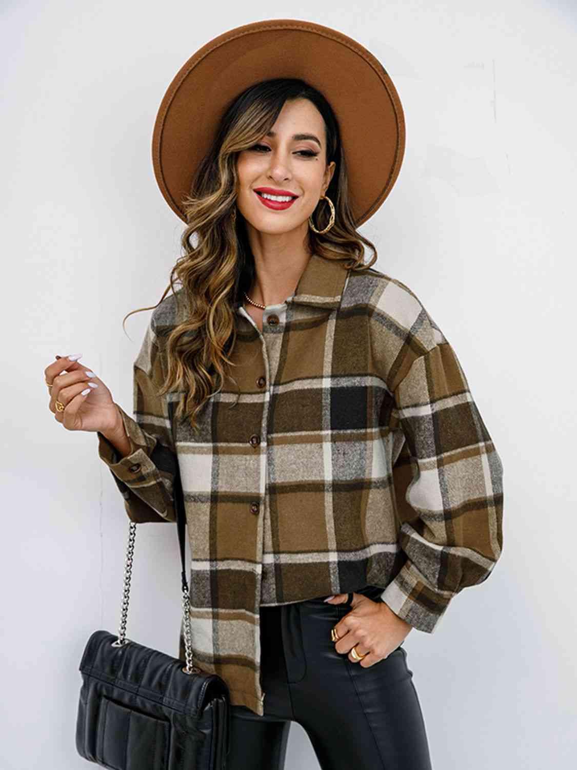 Plaid Button Up Collared Neck Jacket - Immenzive