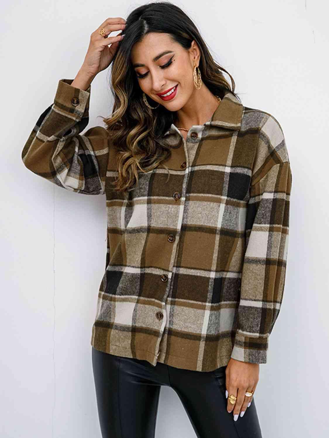 Plaid Button Up Collared Neck Jacket - Immenzive