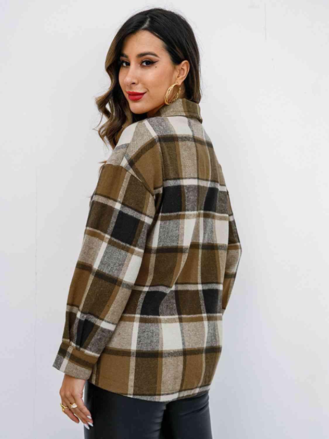 Plaid Button Up Collared Neck Jacket - Immenzive