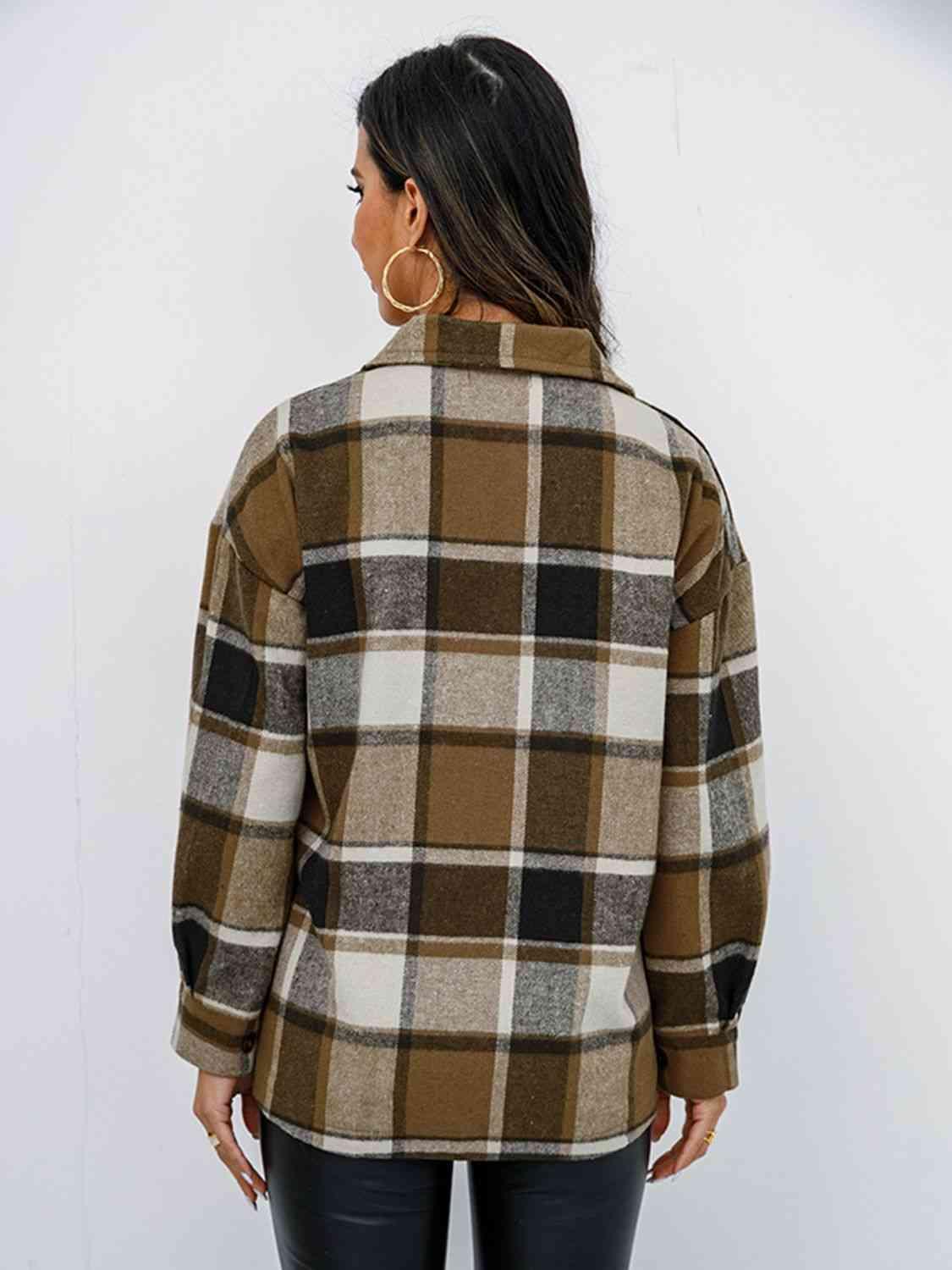 Plaid Button Up Collared Neck Jacket - Immenzive
