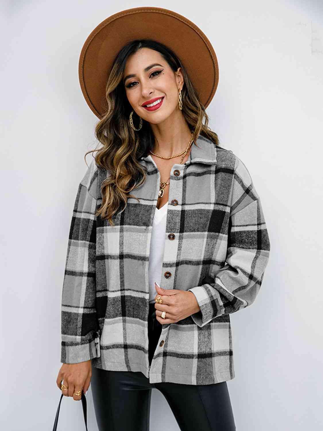 Plaid Button Up Collared Neck Jacket - Immenzive