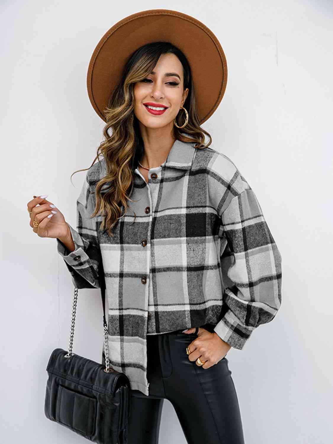Plaid Button Up Collared Neck Jacket - Immenzive